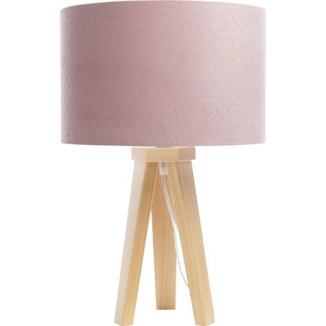 Lampe de chevet Jasmine bebe - Tissu matelassé rose poudré, intérieur blanc, trépied bois clair (1/5)