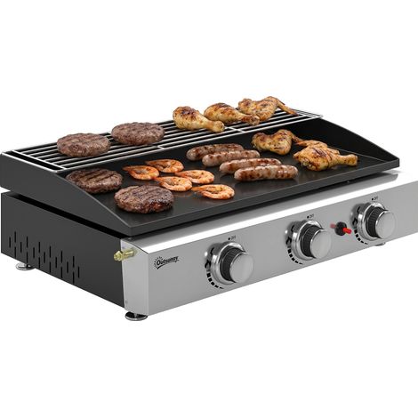 Plancha gaz - barbecue à gaz - Outsunny - 3 brûleurs, plaque émaillée, 7,5 kW, grille de réchauffage - inox - 62x44x21cm - noir