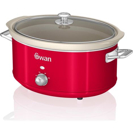 Swan Retro SF17031RNEU - Pentola da cottura lenta, 6,5 l, rimovibile, antiaderente, in ceramica libera PFOA e PTFE a 3 livelli, con coperchio in vetro Slow Cooker, design vintage rosso 320 W (1/5)
