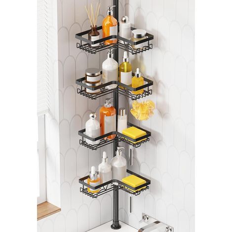 Etagere Douche - Etagere Telescopique Douche Sans Percage, Tablette d'Angle Réglable en Hauteur avec 4 Paniers, Noir (1/5)