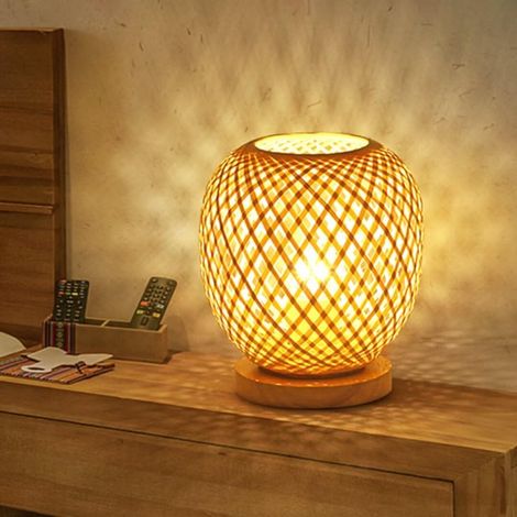 Lámpara de mesa con farol de bambú tejido, lámpara de noche de estilo rural, pequeña luz de noche decorativa, lámpara de escritorio con pantalla de bambú tejido para dormitorio, con regulador de inten (1/5)