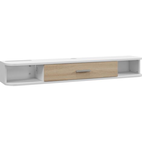Meuble TV mural blanc, support écran jusqu'à 50 pouces, rangement avec étagères ouvertes et placard à porte basculante. (1/5)