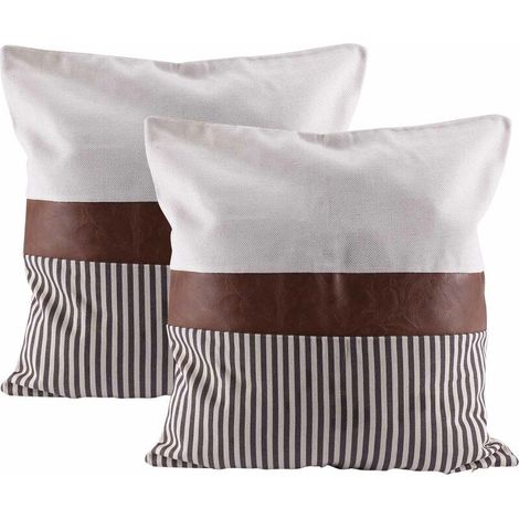 Filiyano – oreiller à rayures patchwork – Ensemble de 2 taies d'oreiller à rayures patchwork, style ferme, beige moderne, en similicuir, 45 x 45 cm (1/5)