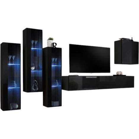 Composizione murale SWITCH XIII – Mobile TV, vetrine LED e cubo – Nero lucido – Design moderno