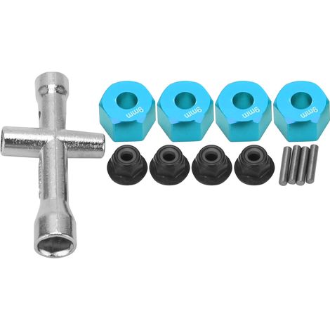 Lot de 6 adaptateurs de moyeu hexagonaux 12mm, épais de 9mm, avec écrous à collerette M4 et clé en croix pour voiture RC 1/10, bleu (1/5)
