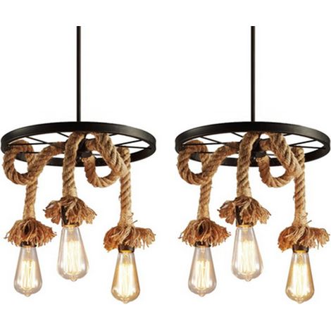 2PCS Lámparas De Colgar Retro Industrial Lámpara De Techo De Cuerda De Cáñamo Lámpara De Techo Wheel Lustre Vintage 3 Luces Ø35Cm