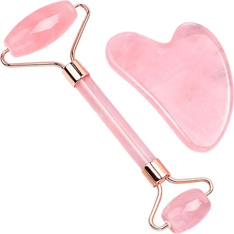 Kit de massage Gua Sha rose pour le visage, outils de soin de la peau avec rouleau, lissant et raffermissant (1/4)