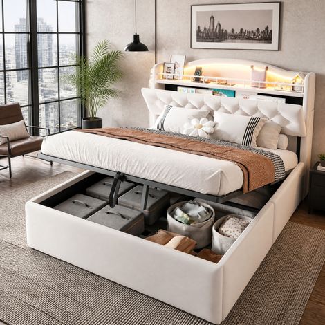 Letto imbottito 140x200 cm con vano contenitore idraulico, porte USB e USB-C, testiera con vani, velluto e metallo beige (1/5)
