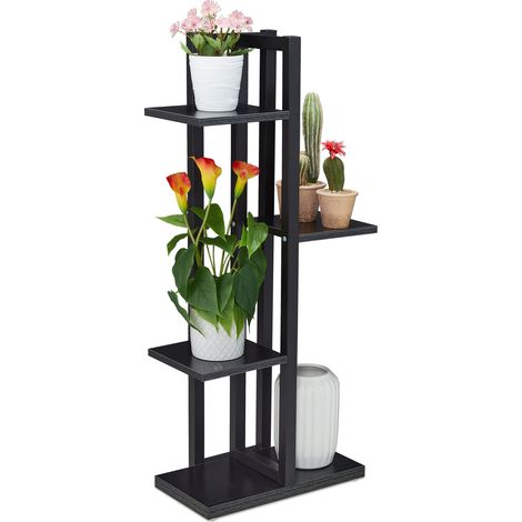 Relaxdays Blumenregal Metall, 4-stufige Indoor Blumentreppe, Holzoptik, HBT: 93 x 42,5 x 22,5 cm, Pflanzenregal, schwarz