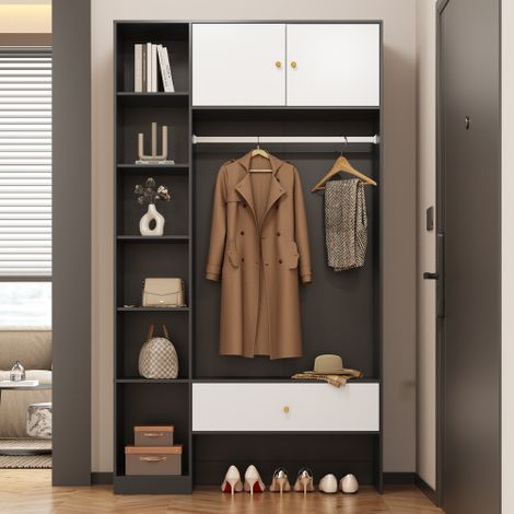 Armoire compacte d'entrée noire et blanche, composée de 2 portes, 6 compartiments, une tringle et un tiroir, dimensions : 105 x 185 x 40 cm (1/5)