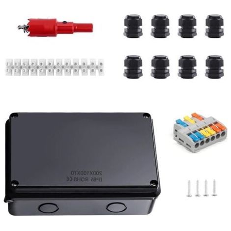 Boîte de Dérivation IP65 Noir 200x100x70mm - Étanche pour Caves/Garages - Bornes Incluses - Adaptée Câbles 12-16mm - Accessoires de Montage - Protection Humidité (1/5)