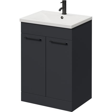 Napoli 460 Gloss Grey 600mm 2 Door Vanity Unit with Glide Basin - 600mm - Matt Black 160mm Handle