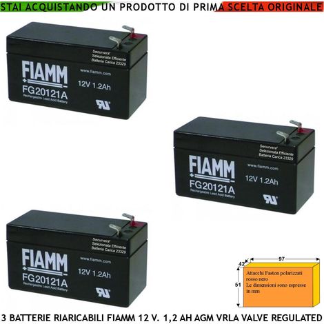 Batteria per Sirena 12 V 1,2 Ah Tre Pezzi Collegamento Tramite 2 Faston 5 mm Polarizzati Ermetica AGM VRLA Valve Regulated Selezionata da Securvera Caricata Marca Fiamm PRC Dimensioni L97XP42XH51 mm (1/2)