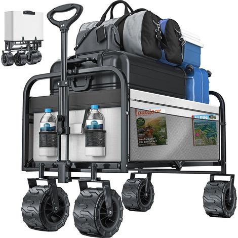 KESSER® Bollerwagen faltbar mit Breite Reifen Handwagen Transportkarre Gerätewagen inkl. 2 Netztaschen klappbar Kunststoff-Reifen bis 120 kg Tragkraft Grau