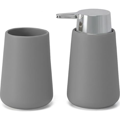 Set accessori bagno con dispenser e portaspazzolini grigio e cromo design tondo Sidney (1/5)