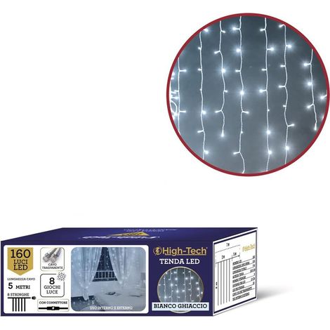 HIGH-TECH NATALE TENDA LUMINOSA DA 160 LED BIANCO GHIACCIO MT 2X2 - 8 GIOCHI DI LUCE CAVO TRASPARENTE DA 5 MT 8 STRINGHE (1/5)