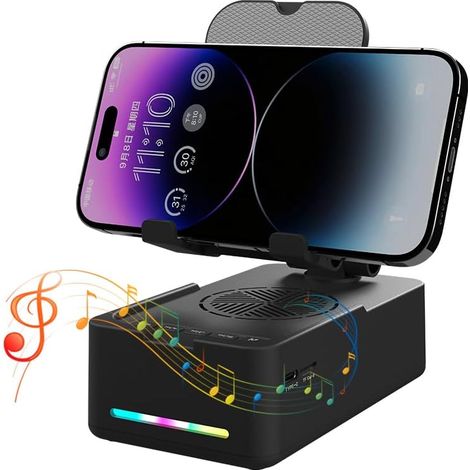 Support de téléphone pliable avec haut-parleur, haut-parleur Bluetooth sans fil avec support de téléphone portable et base antidérapante, lumière LED RVB, son surround HD, compatible avec (1/5)