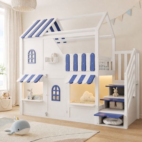 Kinder-Etagenbett 90x200 cm Weiß-Blau aus Holz mit Hausdesign, LED-Beleuchtung, Stauraumleiter und Regalen (1/5)