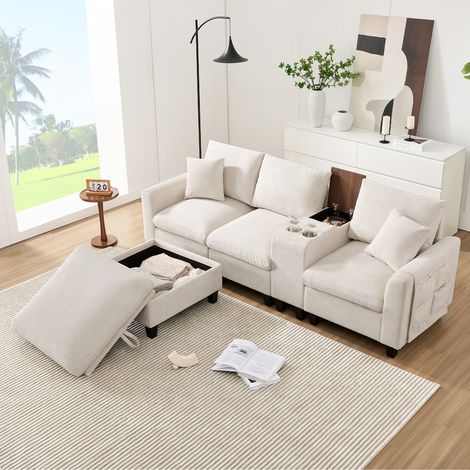 Canapé d'angle convertible L 2 places + console velours côtelé avec rangements, ports USB, porte-gobelets et coussins- 229x149,5x83 cm - Salon - Beige (1/5)