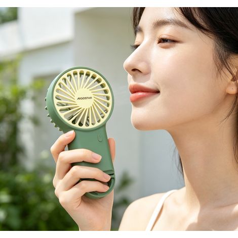 Ventilateur portable mini Aigostar vert 3,2 pouces 7 pales, rechargeable 500mAh 3 vitesses, léger résistant pour nomade intérieur