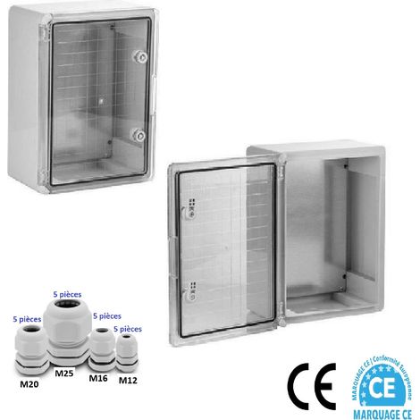 Coffret électrique étanche PORTE TRANSLUCIDE 400 x 300 x 170 mm IP65 avec plaque de fond et 20 Presses étoupe