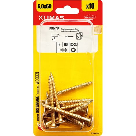 Vis Charpente Bois Klimas, 6 x 60 mm, Empreinte Torx, Tête Disque, Blister 10 Pièces (1/5)