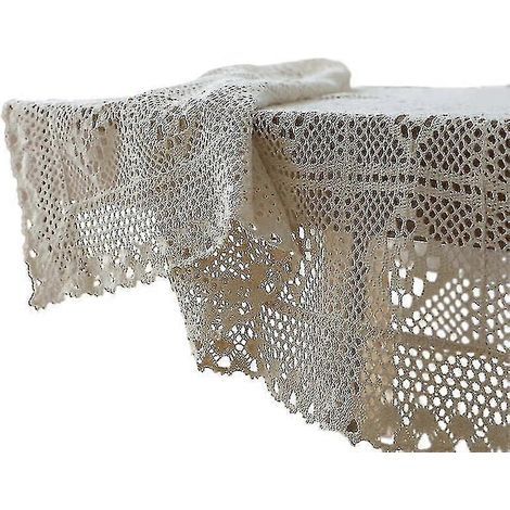 Nappe ronde vintage style champêtre américain, faite main au crochet avec franges en dentelle ajourée beige pour table de mariage ou de repas. (1/5)