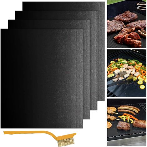 Juego de 4 esterillas antiadherentes reutilizables para barbacoa con cepillo de limpieza incluido - Esterilla de cocina para barbacoas de gas, carbón y eléctricas (40x32 cm) - Negro