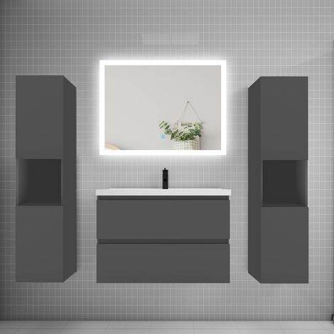 Ensemble meuble de salle de bains 80cm, simple vasque + colonne + LED miroir rectangulaire,anthracite