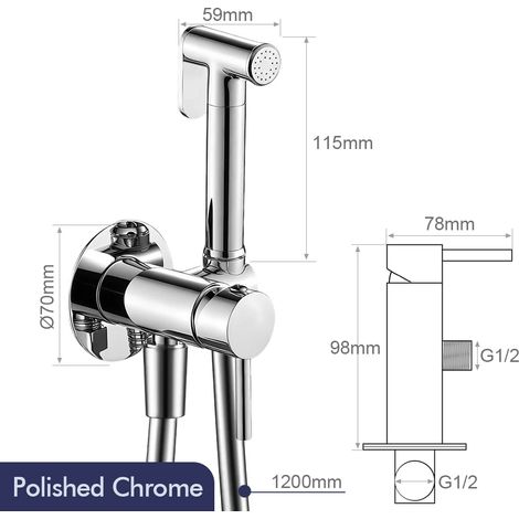 Kit de douchette WC chromée avec tuyau en caoutchouc de 1,2 cm, mitigeur eau chaude/eau froide mural, robinet de bidet et douchette à main. (1/5)
