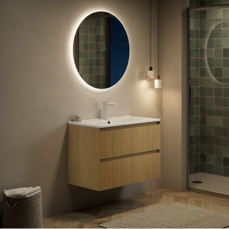 Mobile bagno sospeso da 75 cm con lavabo in ceramica bianca, 2 cassetti, colore rovere dorato (1/5)