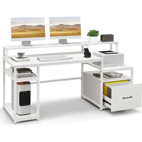 COSTWAY Escritorio con Estanteria 168 x 60cm, Escritorio Blanco con Cojones, Soporte para Monitor, Escritorio Ordenador con Gabinete para Impresora (1/5)