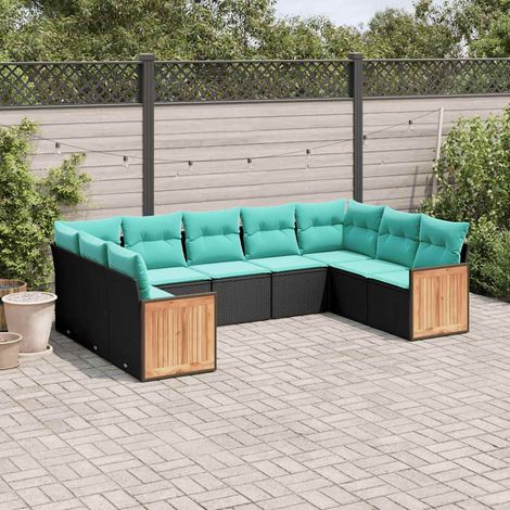 vidaXL Conjunto de sofá de jardín de 9 piezas con cojines, de poliratán negro (1/5)