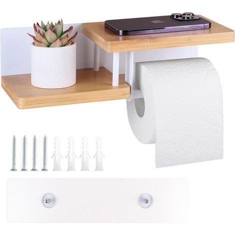 Porte Papier Toilette Mural en Bambou avec Étagères sans Perçage 31.5×12.5×8.5 cm Dérouleur Papier Toilette Adhesif ou à Percer pour Salles de Bains Cuisines Toilettes, Blanc