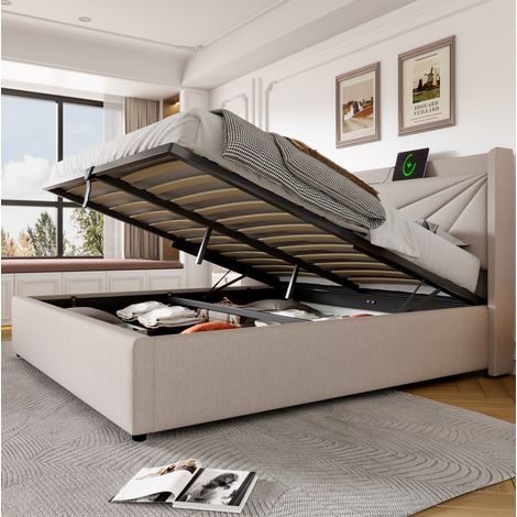 Bett modern aus beigem Leinen 180x200 cm mit geometrischem Kopfteil, USB/Type-C, Stauraum und Lattenrost (1/5)