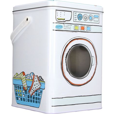Grand bidon de lessive avec couvercle, en forme de machine à laver, avec une fenêtre de visualisation pour un rangement facile. (1/5)