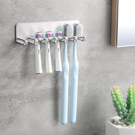 Porte Brosse à Dents Mural électrique, Support Brossette Salle de Bain sans Perçage, Acier Inoxydable pour 6 Têtes de Brosse à Dents (1/5)