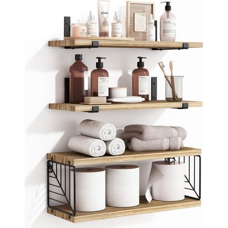 Étagères flottantes de salle de bain à 3 niveaux et 1 niveaux, étagères en bois rustique de 40 cm, décoration murale pour salle de bain, salon, chambre et cuisine (brun rustique) (1/5)