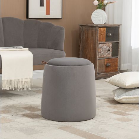 Puf baúl redondo 2 en 1, asiento acolchado efecto terciopelo, Ø44 x 47,5 cm, gris oscuro DESVIAE (1/5)