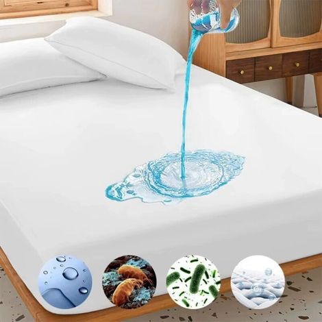 Protège-Matelas Imperméable Respirant Tissu Polyester Lavable Machine Blanc Motif Goutte Bleue (1/4)