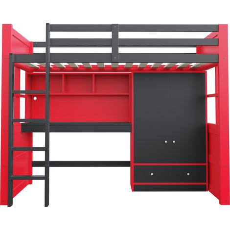 Cama alta 90 x 200 cm con escritorio, armario y cajones, negro y rojo (1/5)