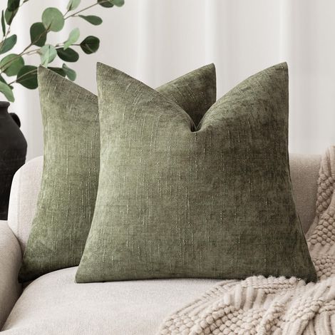 Lot de 2 housses de coussin décoratives en chenille douce texturée, couleur unie neutre, style champêtre, pour canapé, fauteuil, chambre à coucher, salon, 45 x 45 cm, vert olive (1/5)