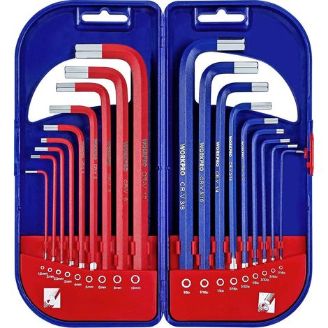 Workpro – Lot de 18 clés allen hexagonales longues en acier chrome vanadium – Boîte ABS pour rangement – Pour vis et boulons hexagonaux