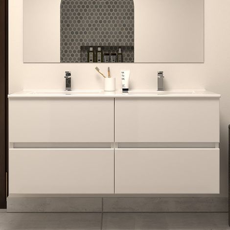 Meuble de salle de bain 140cm double vasque - 4 tiroirs - sans miroir - blanc brillant - IDA