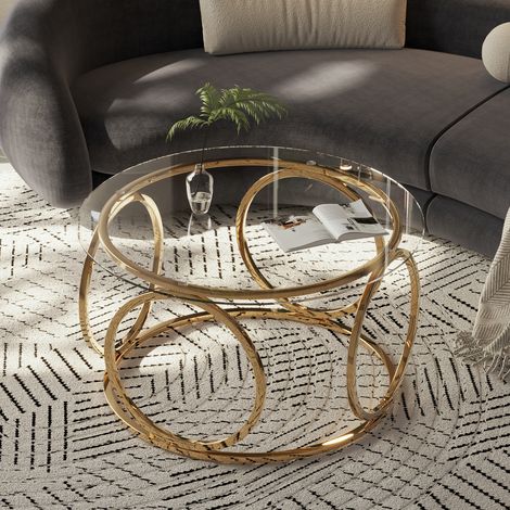 Tavolino rotondo 80x80x45 cm in vetro temperato e metallo dorato, design moderno FloraGrace (1/5)