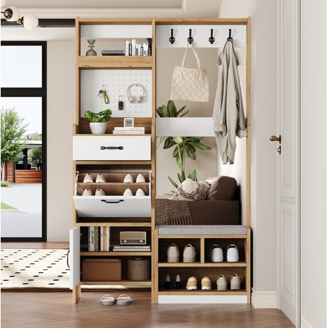 Flurgarderobe 108.5x35x180 cm Weiß/Eichefarben aus Spanplatte mit Sitzbank, Schuhkipper und Stauraum (1/5)