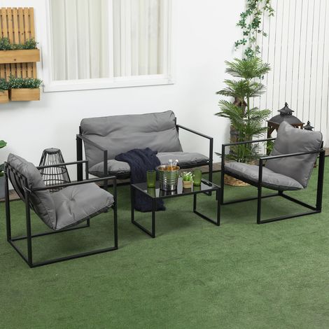 Salon de jardin 4 pièces 4 personnes avec canapé 2 places, 2 fauteuils et 1 table basse HaMi gris