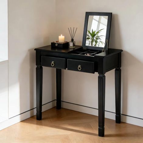 PADMA HOUSE 80CM Coiffeuse avec Miroir, Table de Maquillage Coin Beauté, Bureau Vintage en Bois, Table de Travail pour à Domicile Massif Châtaignier (Coiffeuse Noir) (1/4)