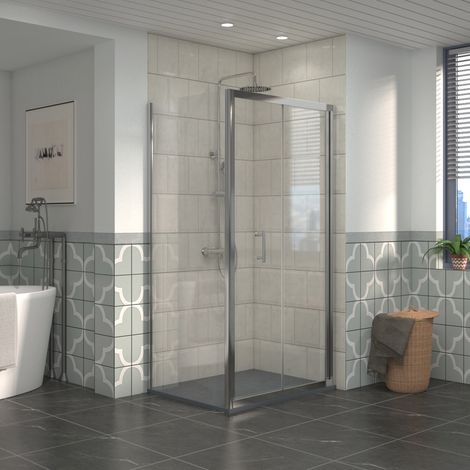 NRG Bathroom Bi- Fold Shower Door Chrome Framed + Side Panel, 900 x 800mm Shower Enclosures with Anthracite SMC Rectangle Shower Tray (1/5)