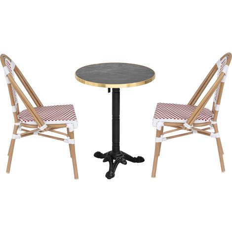 Ensemble table de terrasse inclinable marbre noir et 2 chaises rouge